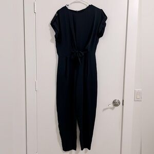 Zara Basic Short Sleeve Navy Straight Leg Pant Jumpsuit w/ Tie Front Medium